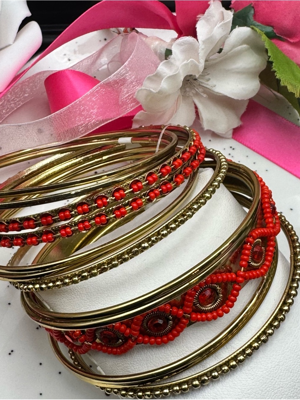 Amrita Singh Gold and Red Beaded Bangle Bracelet Set